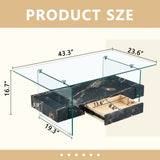 43.3 Inch Modern Two-Tier Coffee Table - Clear Tempered Glass and Black Marble Texture, W1151P232637