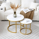 ZUN Set 2 Coffee Table Nesting White and gray top Golden Frame Circular Round and Marble Pattern Wooden W1117P216803