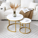 Set 2 Coffee Table Nesting White and gray top Golden Frame Circular Round and Marble Pattern Wooden 28285100