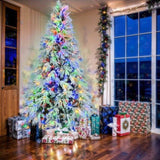 7.5FT Pre-Lit Spruce Snow Flocked Christmas Tree, Artificial Hinged Xmas Tree with 350 Multi-Color N704P199476A