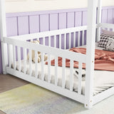 Full Size Canopy Frame Floor Bed with Fence, Guardrails,White W504P143282