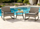 3 Piece Outdoor PE Rattan Rocking Bistro Set, 2 Rocking Chairs with Washable Gray Cushions & 2-Tier 38617759