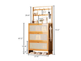 Shoe Cabinet with 3 Rattan Flip Drawers, Bamboo Storage Cabinet with Coat Hooks, Freestanding W2641P381049