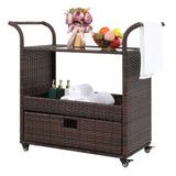 ZUN Outdoor Patio Wicker Rattan Serving Bar Cart Sideboard On Wheels Brown Gradient 72384423