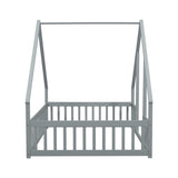 Full Wood House-Shaped Floor Bed with Fence, Guardrails,Grey W504P143293