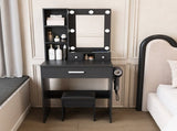 Vanity Table with Mirror & Adjustable LED Lights, Power Outlet, Hairdryer Holder & Stool Compact 54057039
