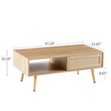 ZUN 41.34" Rattan Coffee table, sliding door for storage, solid wood legs, Modern table for living room W126573113