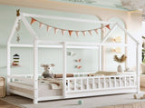 Twin Size Floor Wooden Bed with House Roof Frame, Fence Guardrails,White W1858P389938