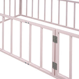 Twin Size Metal Floor Bed Frame with Fence and Door, Pink MF307108AAH