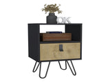 Nightstand 24"H , Sleek Design with Hairpin Legs and One Drawer, Black / Macadamia B097P167470