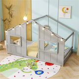 Twin-Size Kids House Gray Floor Bed- 82"x42"x51" Size, LED Light Strip for Cozy 32100376
