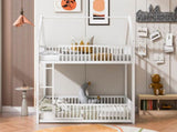 Metal Twin over Twin House Bunk Bed with Fence and Door, White N709P214091K