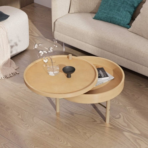 ZUN Modern Round Wood Rotating Tray Coffee Table with Storage & Metal Legs in Natural N735P185132N