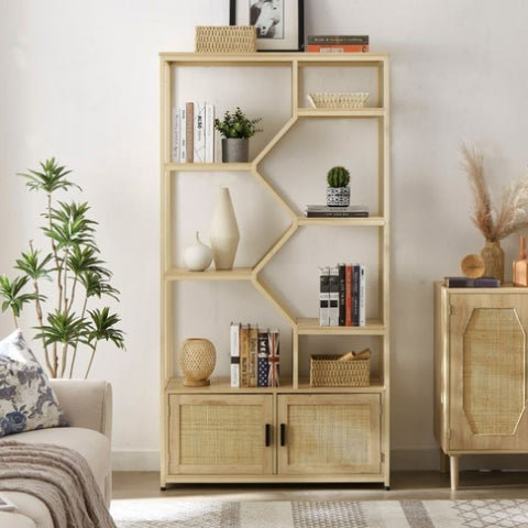 ZUN Rattan bookshelf 7 tiers Bookcases Storage Rack with cabinet for Living Room Home Office, Natural, 81459635