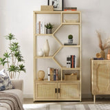 Rattan bookshelf 7 tiers Bookcases Storage Rack with cabinet for Living Room Home Office, Natural, W116283371