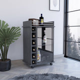 ZUN Dukat Bar Cart,Two Shelves, Six Built-in Wine Rack, Four Casters -Smokey Oak B20091849