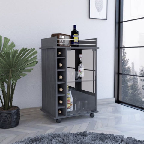 ZUN Dukat Bar Cart,Two Shelves, Six Built-in Wine Rack, Four Casters -Smokey Oak B07091849