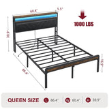 Queen Size Metal Platform Bed Frame with Adjustable Upholstered Headboard, Charging Station, LED W1903P195337