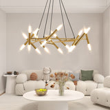 Golden Modern Chandelier Light Fixture, Branch Design with Frosted Tubes, Black Cords, Adjustable W1340P233169