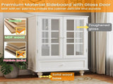 Minimalist White Buffet Cabinet with Double Glass Doors and Drawer, Modern Wooden Storage Sideboard W2557P189574