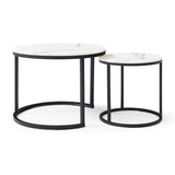 Set 2 Coffee Table Nesting White and gray top Black Frame Circular Round and Marble Pattern Wooden 45806374
