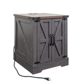 ON-TREND Farmhouse End Table with Charging Station, Rustic Wood Nightstand with Adjustable Shelf, N721P246478E