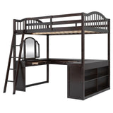 Full Wooden Loft Bed with U-shaped Desk,Storage Compartments and Tri-fold Mirror, Espresso 27628396