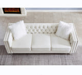 Beige, Three-seater Sofa, Velvet Crystal Buckle Upholstery Sofa, Crystal Feet, Removable Cushion, 09555906