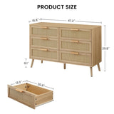 ZUN Bedroom dresser, 6 Double Dresser with rattan drawers, wood chest of drawers for kids living W1162P190401