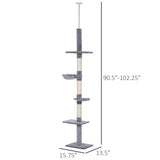102" Height-Adjustable Cat Tree Floor-to-Ceiling Design, 5 Platforms, Scratching Posts, Hammock, 04341956