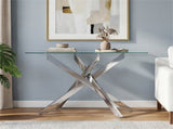 45 Inch Tempered Glass Entryway Table, Silver Chrome Metal Console Table with Adjustable Feet for 25236495