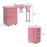 Nail Desk Folding Table, Pink MDF Manicure Station w/ 2 Drawers & 1 Door Cabinet for Nail Art Salon 58463404