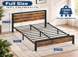 Full Size Metal Wood Platform Bed Frame, 3-Panel Fire Burnt Brown Wood Grain Headboard with LED 77349359