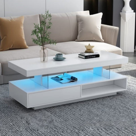 ZUN U-Can LED Coffee Table with Storage, Modern Center Table with 2 Drawers and Display Shelves, Accent WF307038AAK