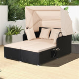 Beige Rattan Daybed Lounge W/ Retractable Top Canopy Side Tables Cushions 95150897