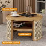 ZUN 2-Tiered Round Natural Wood Coffee Table with Storage Rattan Base in 31.3'' N735P185131N