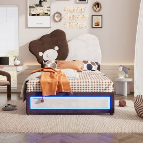 ZUN Twin Size Upholstered Platform Bed with Bear Shaped Headboard, LED Light Strips, White + Brown WF323767AAK