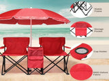 2-Seat Outdoor Folding Chair with Removable Umbrella for Beach, Camping and Fishing, Red 10133595