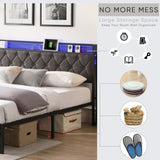 King Bed Frame Storage Headboard, Charging Station and LED Lights, Upholstered Platform Bed W1916124806