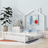 Full Size Metal House Platform Bed with Guardrail and Chimney, White N709P203153K