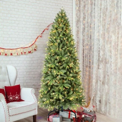 ZUN 9Ft Pre-Lit Slim Christmas Tree, Green, Fir Xmas 'Feel Real' Artificial Tree, White Lights, Metal W1773P203630