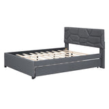 Full Size Upholstered Platform Bed with Brick Pattern Headboard and Twin Size Trundle, Linen Fabric, 49640107