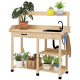 Natural Wood Potting Bench Table, Outdoor Garden Table with Removable Sink and Faucet 51205211