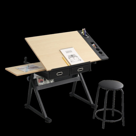 ZUN adjustable drawing drafting table desk with 2 drawers for home office and school with stool W347P151532