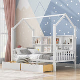 Wooden Twin Size House Bed with 2 Drawers,Kids Bed with Storage Shelf, White WF301456AAK