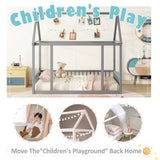 Full Size Floor Wooden Bed with House Roof Frame and Safety Guardrails ,Gray W1580P172925