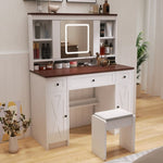 ZUN Farmhouse Vanity Desk with Sliding Mirror,Lights and Charging Station,Makeup Table Desk with W760P206129