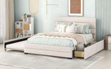 Queen Upholstered Platform Bed with Twin Size Trundle and Two Drawers, Beige 25388983