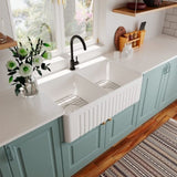 ZUN Fireclay 33" L X 20" W Double Basin Farmhouse Kitchen Sink With Grid And Strainer JYCAD8229WH