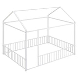 Full Size Metal Bed House Bed Frame with Fence, for Kids, Teens, Girls, Boys,White MF304787AAK